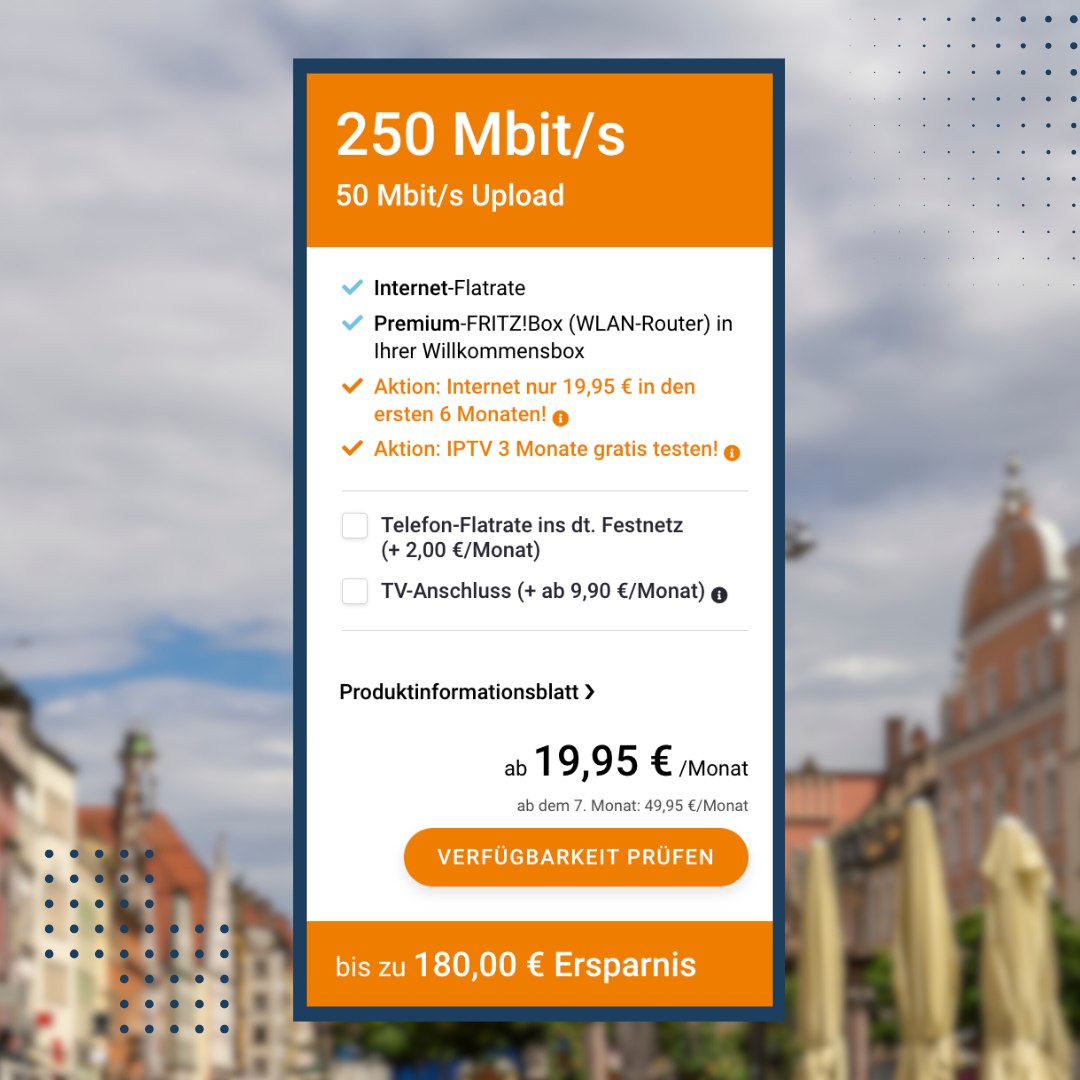 🚀 Highspeed-Internet von RKOM – mit 250 Mbit/s Download & 50 Mbit/s Upload für dein Zuhause!
✔️ Internet-Flat
✔️ Premium FRITZ!Box in deiner Willkommensbox
🟠 Aktion: nur 19,95 €/Monat in den ersten 6 Monaten
🟠 Aktion: IPTV 3 Monate gratis testen
➕ Optional: Festnetz-Flat (+2 €/Monat) & TV-Anschluss (ab 9,90 €/Monat)
💡 Spare bis zu 180 €!
Ab dem 7. Monat: 49,95 €/Monat.
👉 Jetzt bei RKOM Verfügbarkeit prüfen und Highspeed sichern!
#RKOM #Internet #Highspeed #FRITZBox #IPTV #Angebot #Sparen