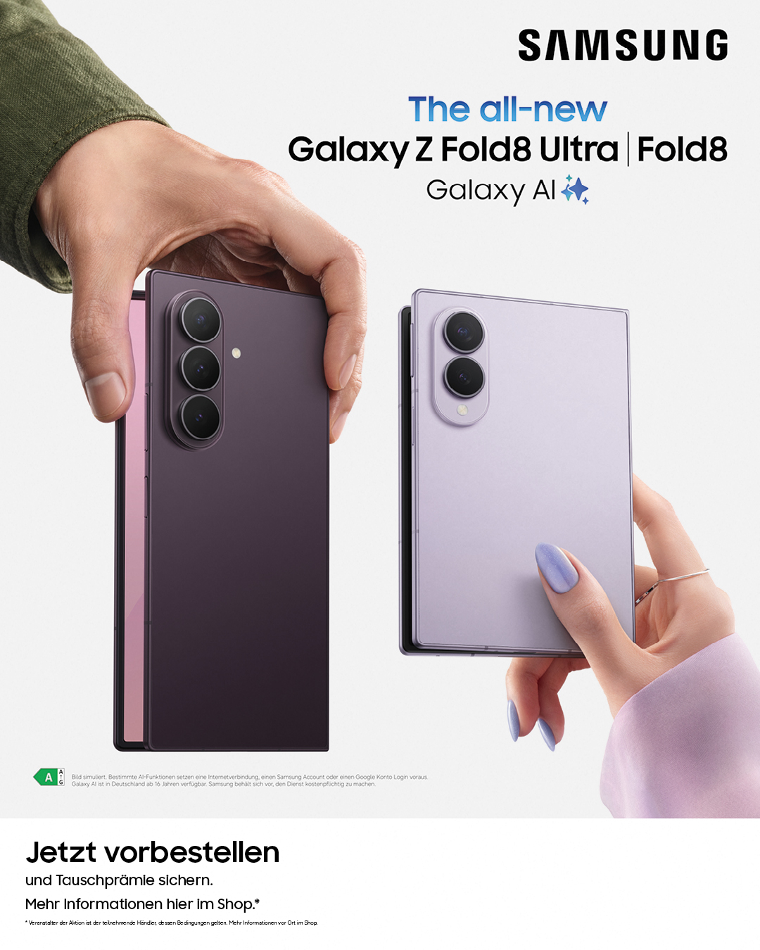 Die neue Samsung Galaxy Z8-Serie ist bald verfügbar – und ihr könnt sie jetzt schon bei uns im Shop vorbestellen! 🫵

Doch es kommt noch besser – gegen Ankauf Deines alten Smartphones kannst Du bei Vorbestellung von einer genialen Tauschprämie profitieren:
Während der Pre-Order-Phase vom 22.07. bis 06.08.2026 gelten folgende
Ankaufsboni:

📱Samsung Galaxy Flip8: 250 €
📱Samsung Galaxy Fold8 / Fold8 Ultra: 500 €

Mehr Informationen gibt es bei uns im Shop. Nicht lange zögern – vorbestellen!

#telekom #samsung #z8 #flip #fold