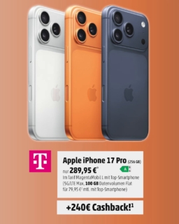 Du brauchst kein neues iPhone.

Deins funktioniert doch noch.
Die Kamera ist auch noch okay.
Und eigentlich wolltest Du vernünftig sein.

… und dann kommen 240 € Cashback im MagentaMobil L mit dem iPhone 17 Pro um die Ecke. 👀📱

Tja. 😏

Komm vorbei, schau es Dir an und lass Dir ausrechnen, wie Dein persönliches Angebot aussieht. 🩷

Rechtstexte: https://timeline.gkh-agentur.de/telekom-rechtstexte-september-2025-2/